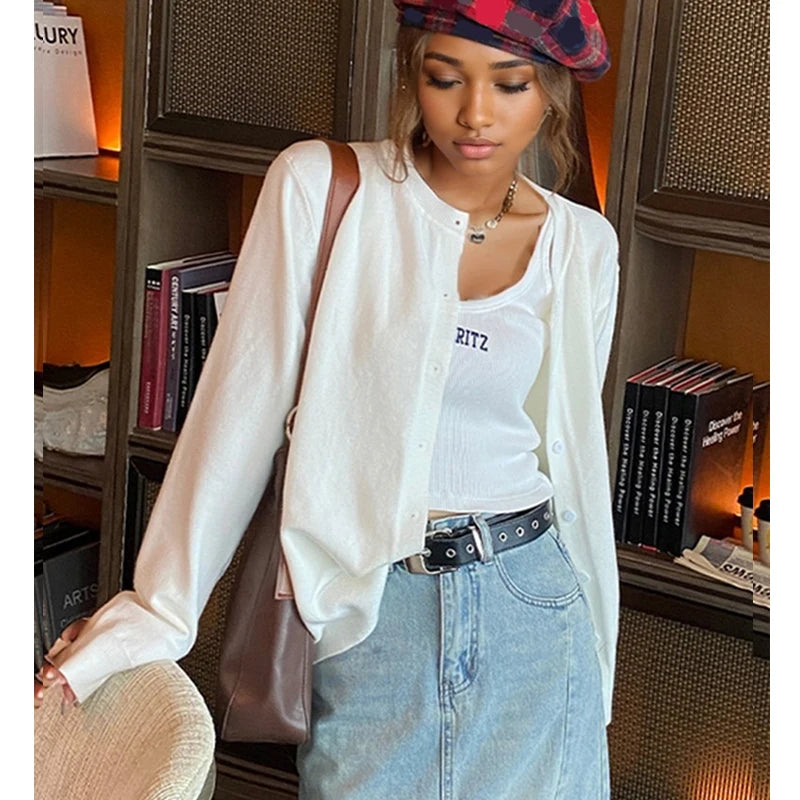 Long Sleeved Round Neck Cardigan Sweater Women's Autumn Elegant Solid Color Casual Knitted Jackets New Fashion Korean Top Coats