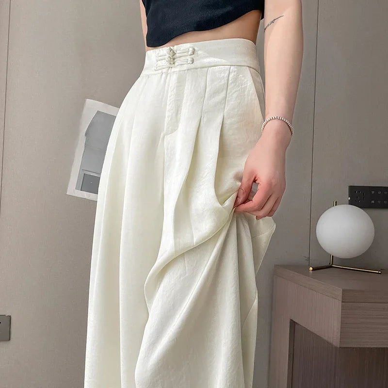 2025 New Chinese Style Satin Wide Leg Suit Pants Women Spring Summer Solid High Waist Elegant Casual Loose Trousers Female